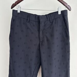 Burberry London Trousers Mens 30 x 28 Wool Monogram Embroidered‎ Jacquard Navy